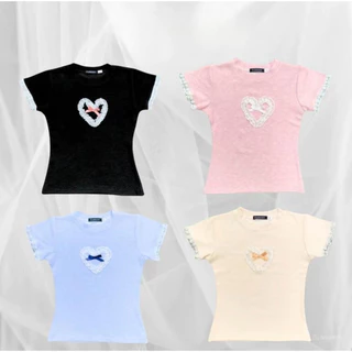 Áo Thun Baby Tee Phối Ren Tim Dễ Thương, Áo Thun Nữ Form Ôm Phong Cách Hàn Quốc - S28