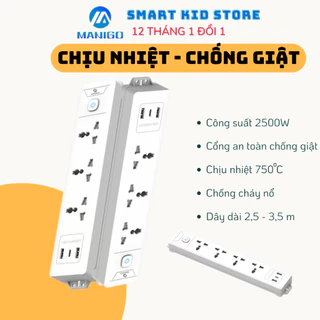 Ổ cắm điện thông minh chữ nhật Manigo 1K4UC 3 ổ 2 cổng USB typeC dây Cắm dài Hàng chính hãng có BH