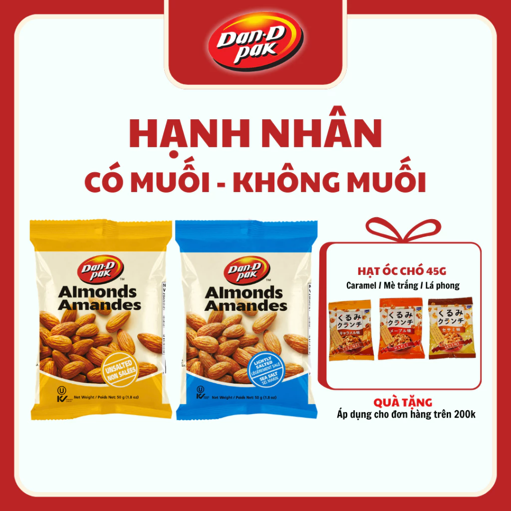 [Combo 5 gói tặng 1 gói] Hạnh nhân có muối, không muối ăn vặt giòn giòn 50g Dan D Pak