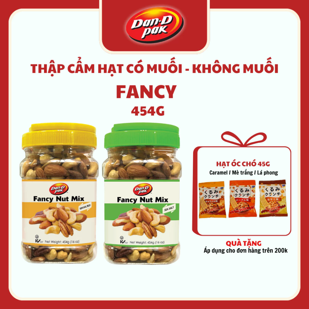 Hạt thập cẩm Fancy muối - không muối Hạt điều, Hạnh nhân, Hạt ba tây, Hồ đào, Dầu cọ, Dầu canola 454g Dan D Pak