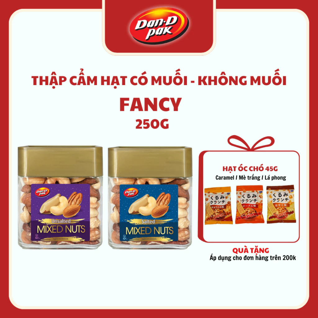 Hạt thập cẩm Fancy muối - không muối Hạt điều, Hạnh nhân, Hạt ba tây, Hồ đào, Dầu cọ, Dầu canola 250g Dan D Pak