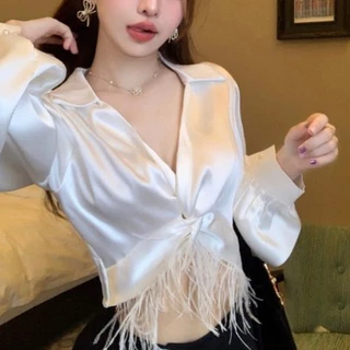 Áo sơ mi dài tay kiểu Pháp lông vũ satin áo ngắn hot girl sang trọng cho nữ