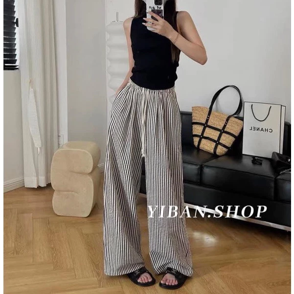 Quần Ống Rộng Nữ Dáng Suông Chất Đũi Xốp Họa Tiết Kẻ Sọc Đen Trắng T04