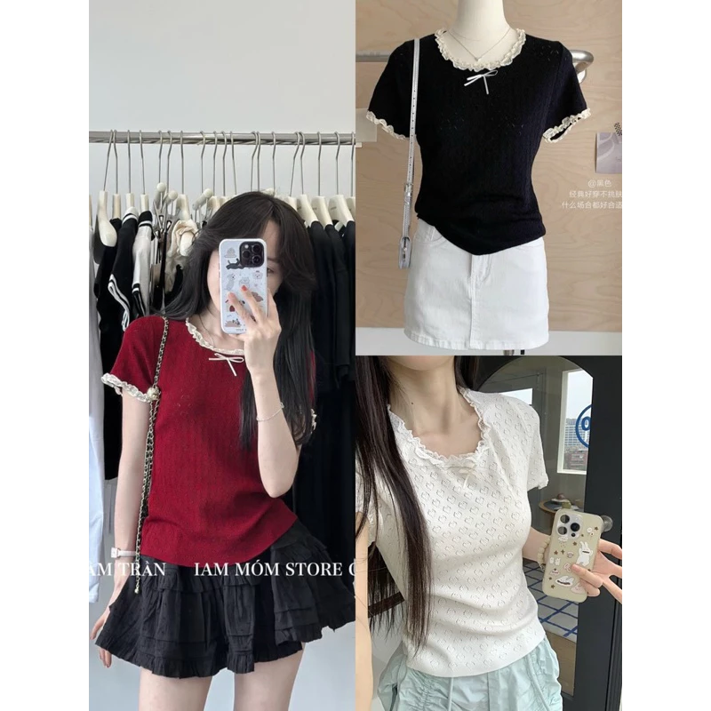 Áo Thun Nữ Kiểu Cổ Tròn Phối Ren Viền Cổ Đính Nơ Montoghi Dáng Vừa Babytee Phong Cách Hàn Quốc