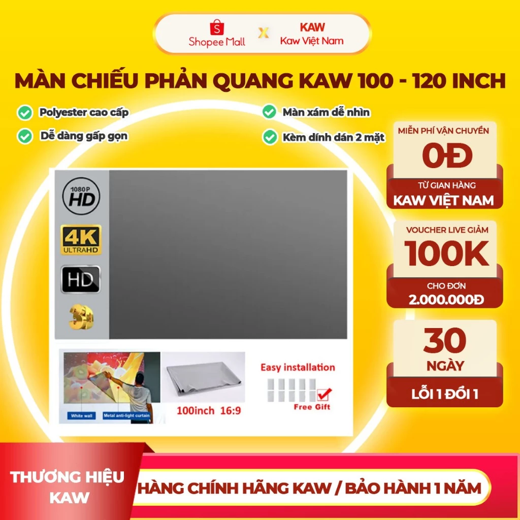 Màn chiếu phản quang KAW 100 inch, 120 Inch dán tưởng giúp máy chiếu sáng thêm gấp 5 lần - Bảo hành lỗi 1 đổi 1