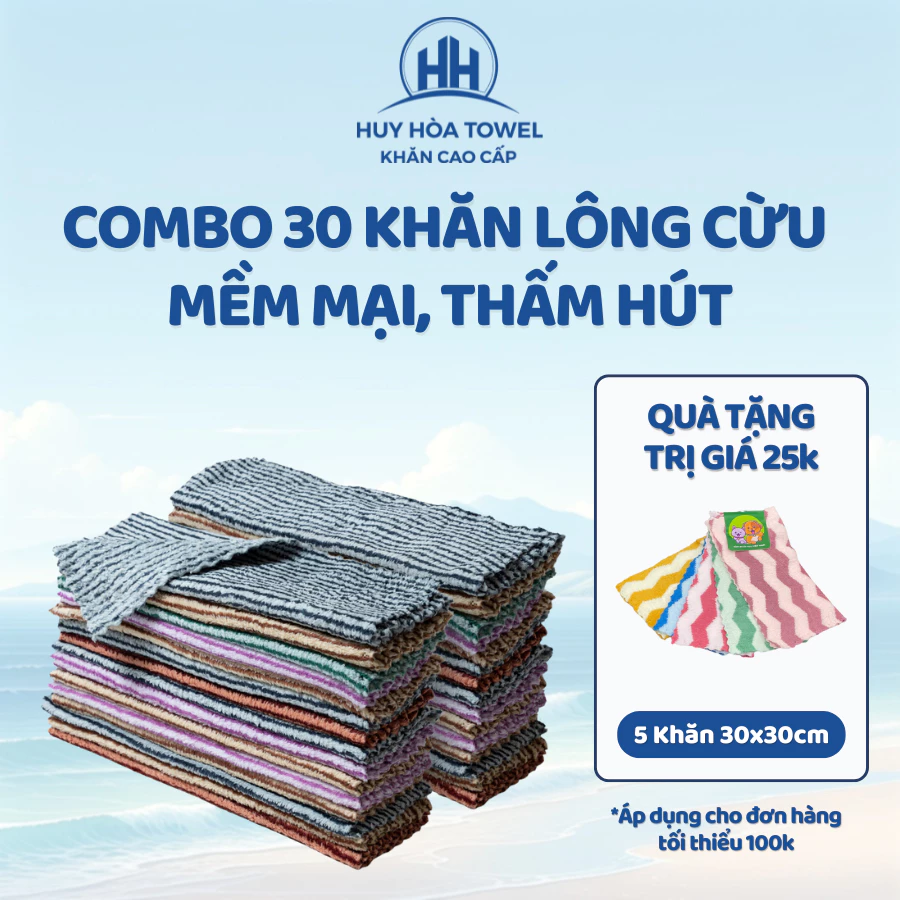 Combo 30 khăn lông cừu đa năng Huy Hòa Towel 30x30 cm, mềm mịn, độ thấm hút siêu tốt và khả năng kháng khuẩn cao