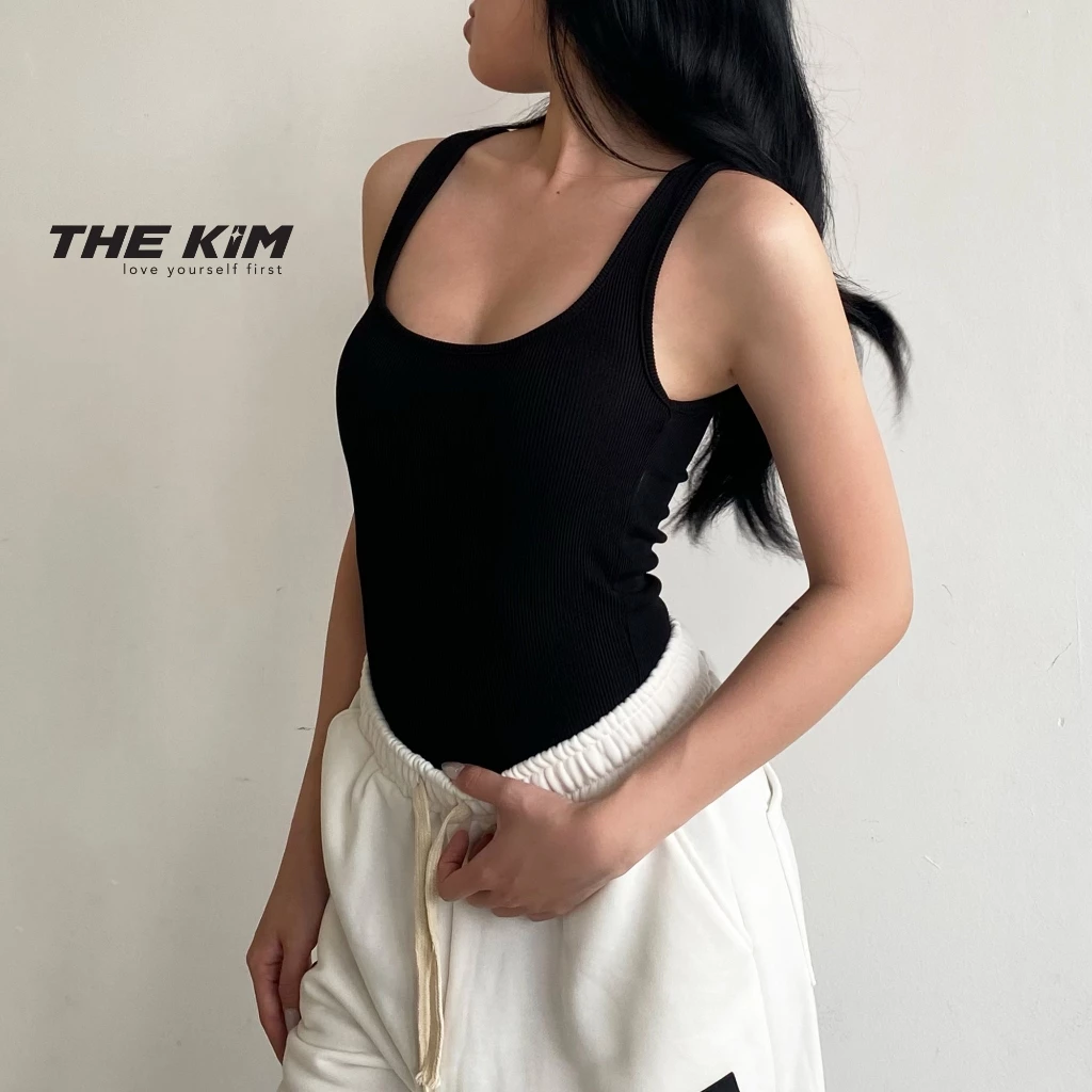 Áo thun tăm 2 dây bản to cổ U dáng dài sơ vin ( không mút ngực ) THE KIM , áo hai dây ôm body A109