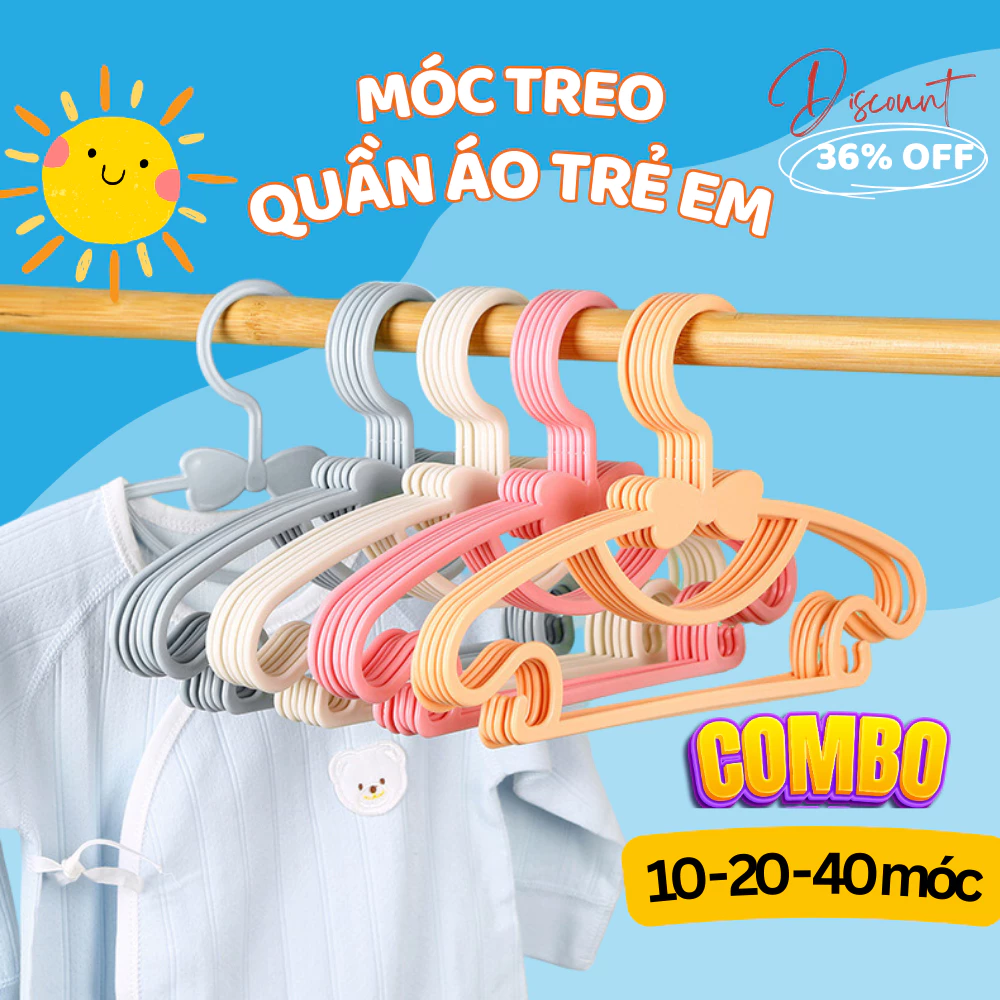 Combo Móc treo quần áo trẻ em thiết kế hình nơ dễ thương , Móc phơi đồ trẻ sơ sinh chất liệu nhựa PP an toàn cho bé.