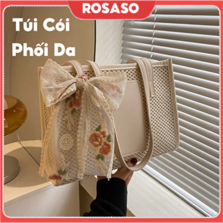 Túi xách nữ cói phối da đeo vai kẹp nách cầm tay đi chơi du lịch biển phối nơ đẹp ROSASO TX129