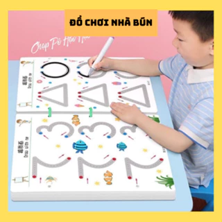 Đồ chơi sách nối 64 trang chữ và nét vẽ cơ bản 64 trang học liệu Montessori tập tô cho bé tái sử dụng nhiều lần