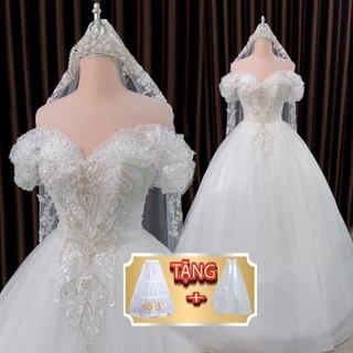 [ Tặng tùng + voan] Váy cưới tùng vừa gọn nhẹ đi bàn, tay phồng trễ vai chất liệu voan mềm mã 141