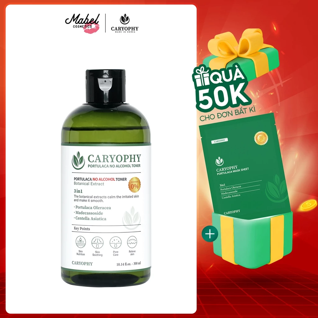 Toner da dầu mụn Caryophy Portulaca Hàn Quốc cấp ẩm ngừa mụn không cồn 300ml