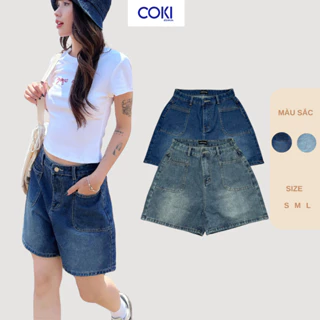 Quần Short Jean Nữ Ngố Túi Trước Xẻ Ngang 2 Màu Lưng Cạp Cao Basic