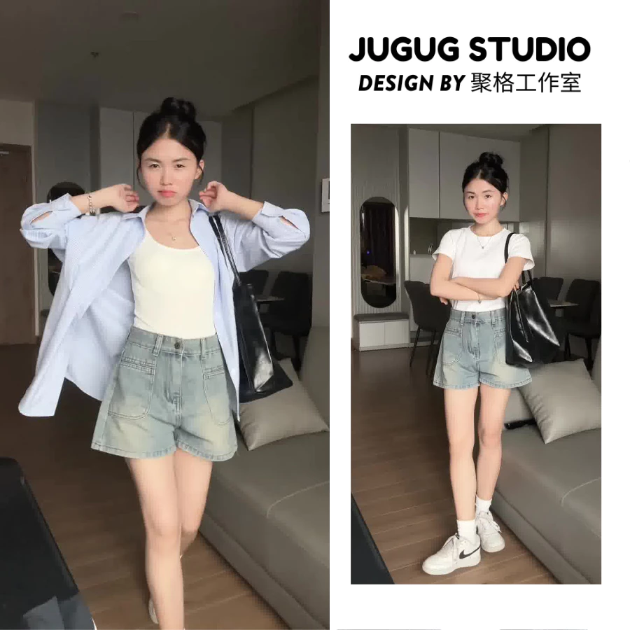 Quần đùi short jean nữ ống rộng, lưng cao dáng basic JG11