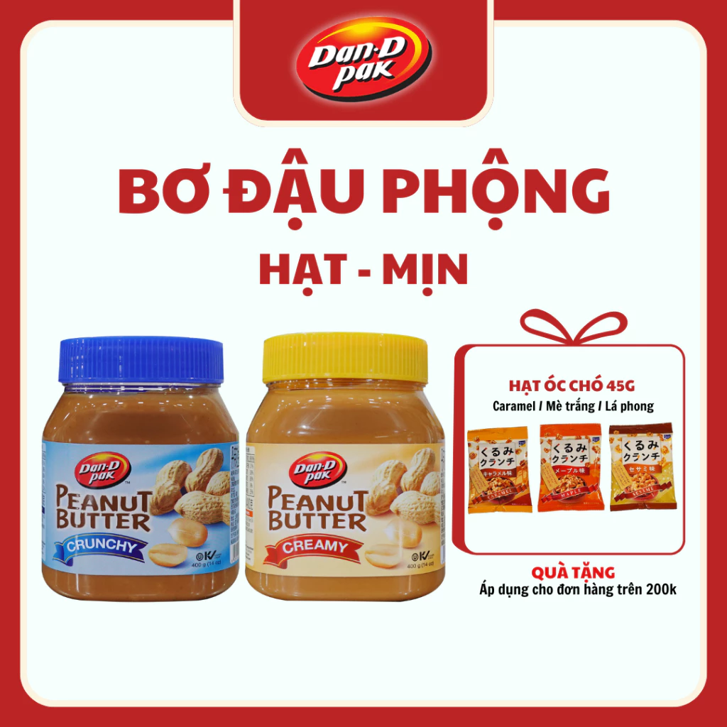 Thùng bơ đậu phộng mịn và hạt tự nhiên 200g x 36 hũ, 400g x 12 hũ Dan D Pak