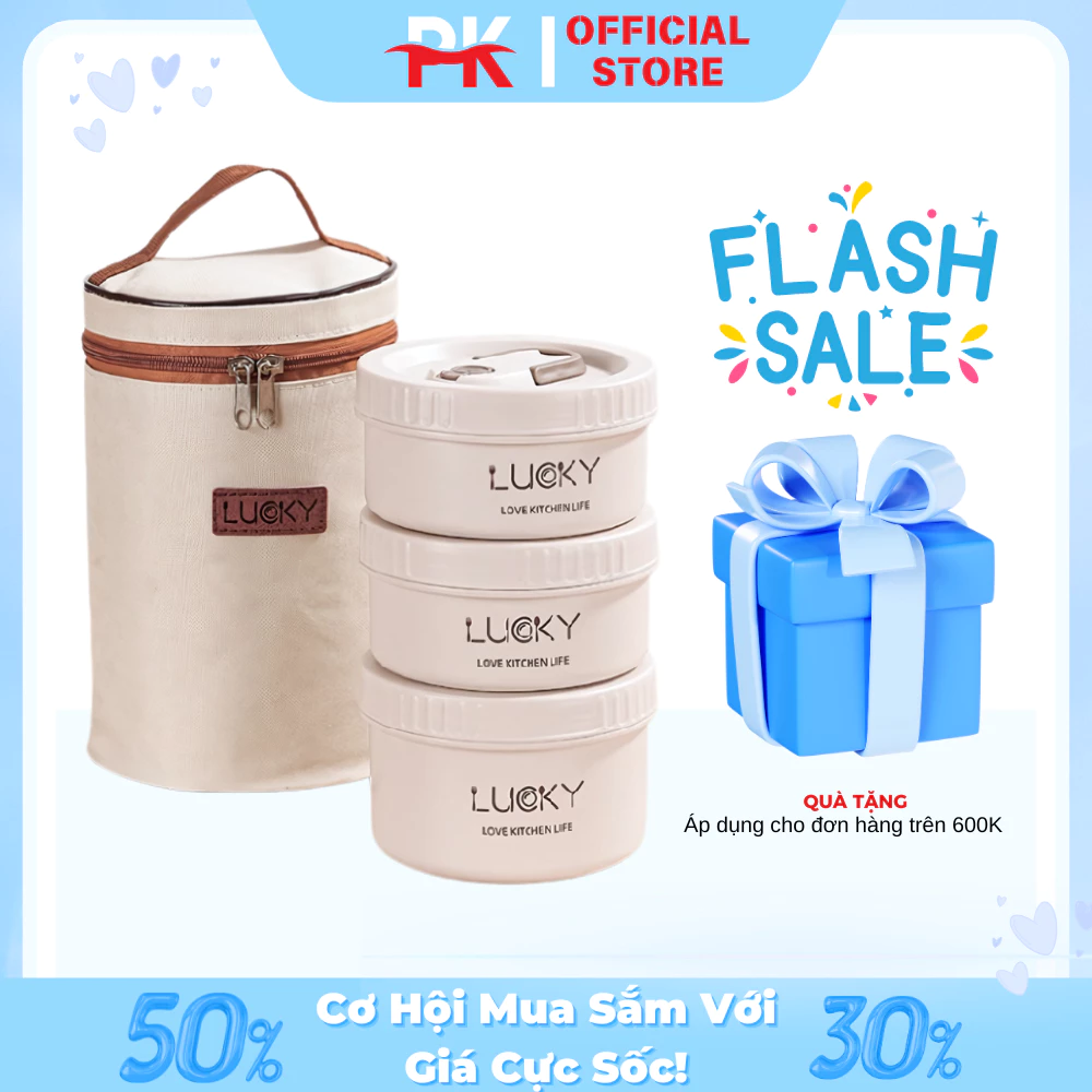 Hộp đựng cơm giữ nhiệt Lucky kèm túi đựng, Hộp cơm văn phòng 3 tầng giữ nhiệt làm bằng inox 304