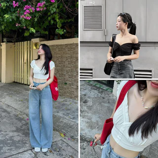 [New/ hàng sẵn] Áo croptop trễ vai gân tăm đen trắng mặc hai kiểu Bohee Top