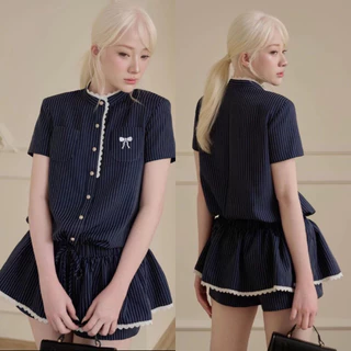 Set jumpsuit - Váy nữ kẻ cộc tay cổ tàu cúc đồng phối viền ren chun eo đính nơ tiểu thư sang chảnh