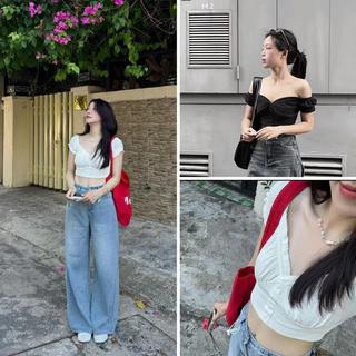 Áo thun gân croptop trễ vai mặc 2 Kiểu”mizu top” siêu xinh