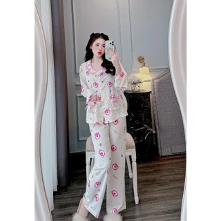 Set đồ nữ đồ mặc nhà tay dài cổ vuông lụa loại xịn nhất bộ ngủ pijama tiểu thư xinh mát mềm mịn hot