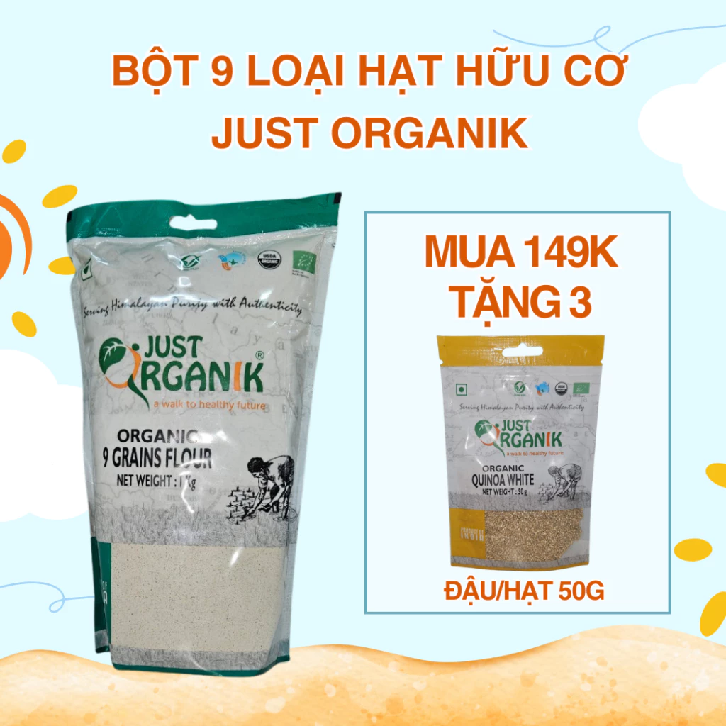 Bột Ngũ cốc 9 Loại Hạt Dinh Dưỡng Hữu Cơ Just Organik Tốt Cho Bà Bầu Lợi Sữa Người Ăn Kiêng 1kg