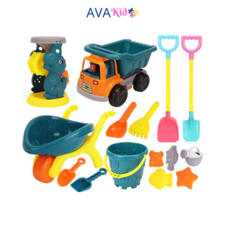 Bộ đồ chơi xúc cát cho bé gồm xe tải xúc cát, xe chở cát, xẻng, cào, câu cá, cua, xe rùa, đồ chơi cho bé Shop Avakid