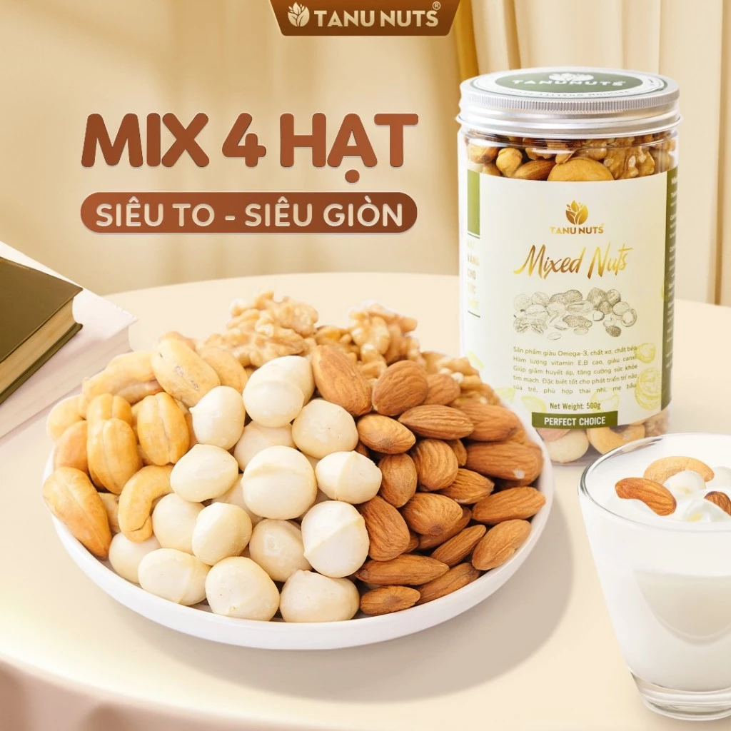 Hạt dinh dưỡng mix 4 loại TANU NUTS hũ 350gr/500gr, hạt ngũ cốc cho bà bầu gồm hạt macca, óc chó, hạnh nhân, hạt điều