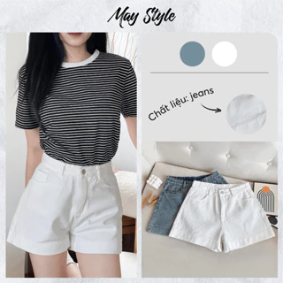 Quần short jeans mềm nữ to gấu lưng cao basic - May Style