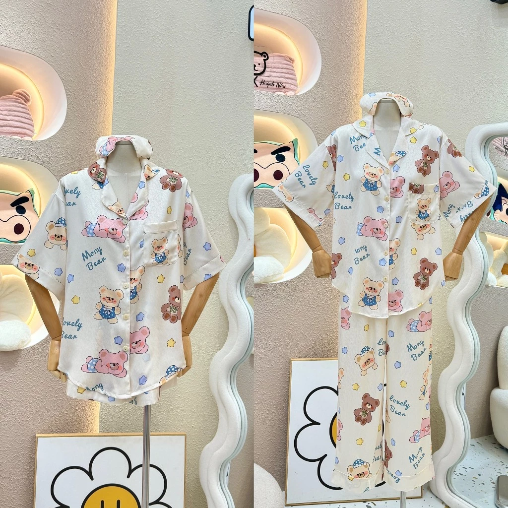 Bộ Pijama Monybear - Lụa Xước - Gấu Nâu Ngôi Sao Vàng Kèm Bịt Mắt - Nhiều Form