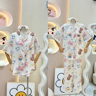 Bộ Pijama Monybear - Lụa Xước - Gấu Nâu Ngôi Sao Vàng Kèm Bịt Mắt - Nhiều Form