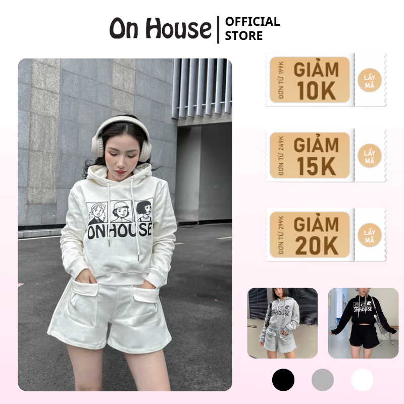 Aó Hoodie  form croptop ON House chất nỉ bông dày dặn in 3 cô gái, form ao khoác tay dài có nón