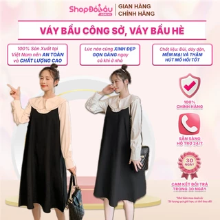 Váy bầu công sở, váy bầu hè dài tay giả yếm freesize - Shopdobau