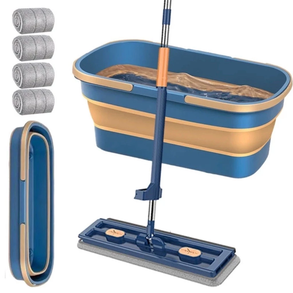 -Bộ Chổi lau nhà tự vắt kèm chậu, con lăn trợ lực, thanh thép không gỉ, khớp xoay 360 độ(tặng kèm 4 mieng lau)