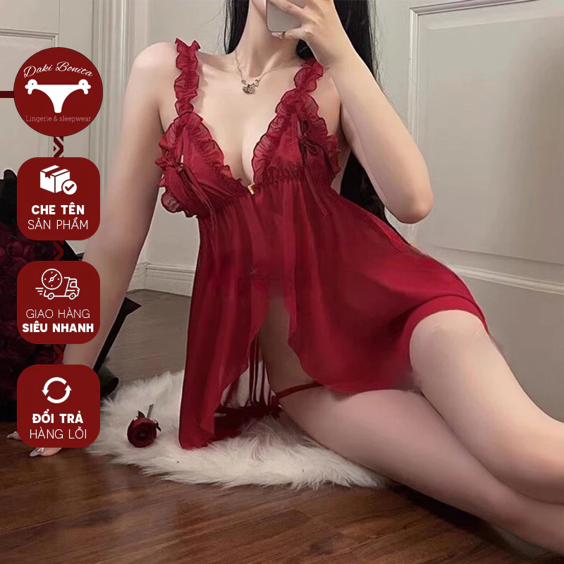 Đầm ngủ nữ 2 dây xuyên thấu sexy DK85 kiểu váy gài ngực hở bụng quyến rũ kèm quần lót khiêu gợi