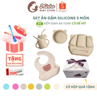 Set ăn dặm silicon cao cấp, khay 4 ngăn tai gấu có đế hít chống đổ Dollar Minho