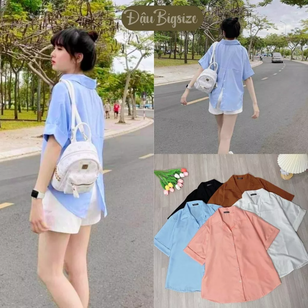 Áo Sơ Mi Nữ Bigsize Cộc Tay Xẻ Lưng Cài Cúc Sau Siêu Hot,Áo Sơ Mi Kiểu Dễ Thương mã AT10