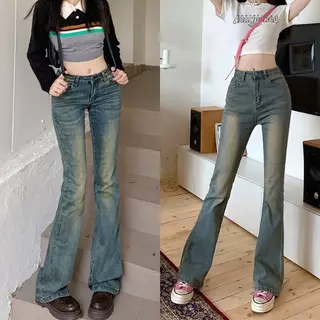 Quần jeans nữ ống loe trơn màu xanh dơ trendy form ôm.Quần bò lưng cao dáng loe suông chất liệu demin không phai cực hot