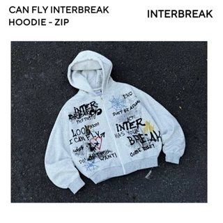 Áo Khoác Nỉ Hoodie Zip CAN FLY INTERBREAK Unisex Nam Nữ Màu Xám Muối Tiêu In Phối Form Rộng - INTERBREAK