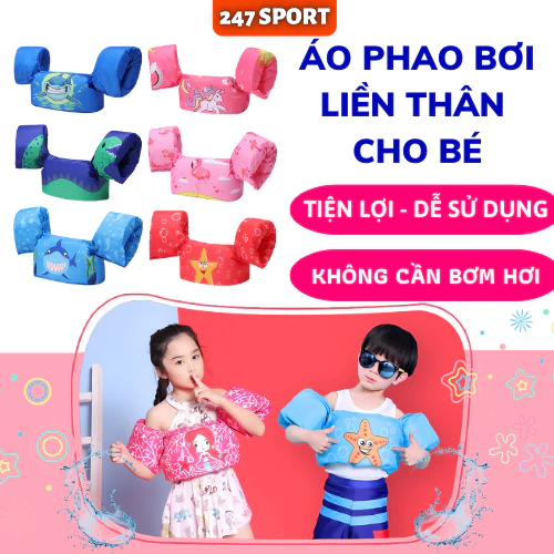 Áo phao bơi cho bé trai bé gái liền thân lưng ngực chống lật tự nổi an toàn tiện lợi ( Không cần bơm)