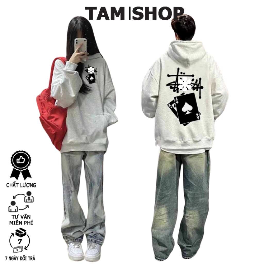 Áo Hoodie Nam Nữ Stu sy LÁ BÀI Local Brand chữ Đen Trắng nỉ bông cực dày form rộng Unisex giữ ấm chống nắng túi to - Tâm