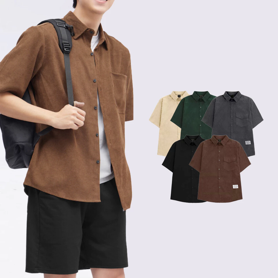 Áo Sơ Mi Nhung Tăm Tay Ngắn Unisex Kiểu Dáng Form Rộng HALLEY A4