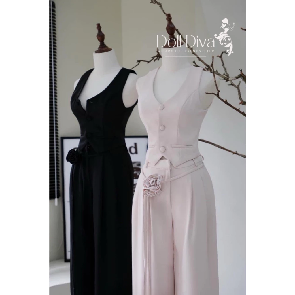S73 Set Jumpsuits Nữ Áo Gile Và Quần Ống Rộng Kèm Đai Hoa Thêu Tay Chất Liệu Tuyst Mềm Mịn Doll Diva