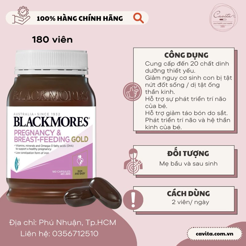 Viên uống cho mẹ bầu & sau sinh Blackmores Pregnancy & Breastfeeding Gold 180 viên