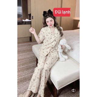 Đồ Bộ Pijama, bộ mặc nhà tay ngắn quần dài cổ bèo chất đũi lạnh freesize 40-60kg - Chun’s Sleepwear