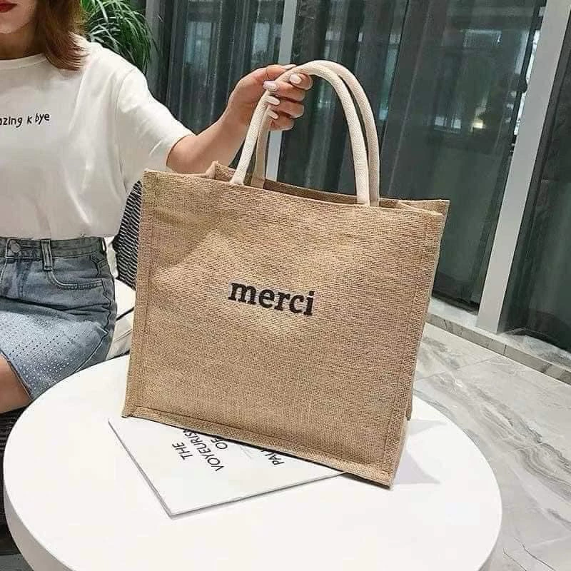 Túi Cói Du Lịch MERCI đựng nhiều đồ tiện dụng Trang Tươi Shop