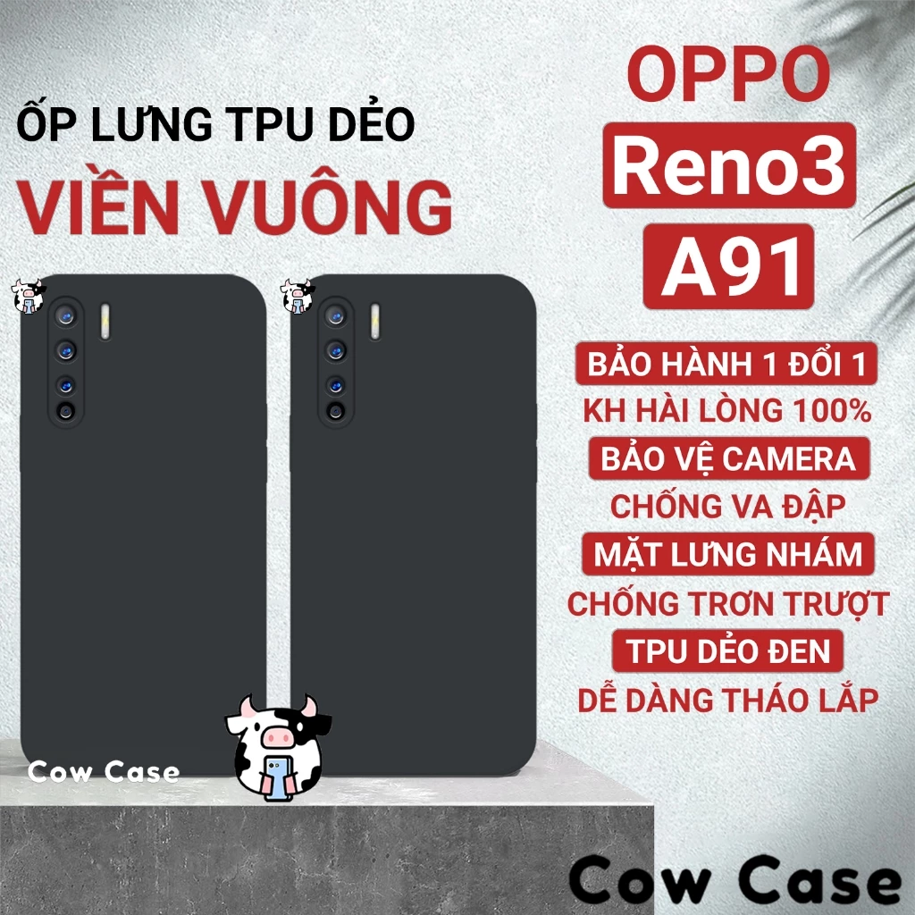 Ốp lưng Oppo A91, Reno 3, reno3 cạnh vuông Cowcase | Vỏ điện thoại Oppo bảo vệ camera toàn diện TRON