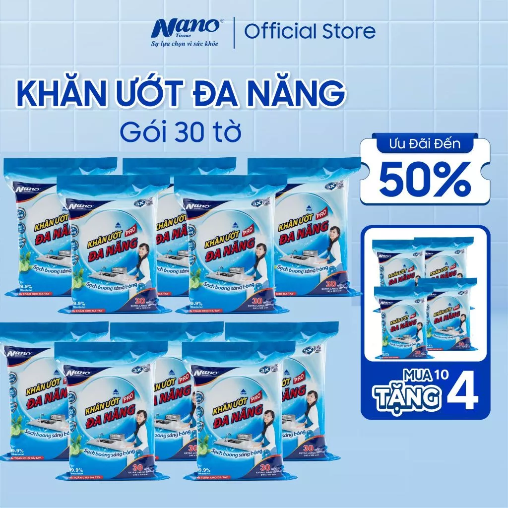 [MUA 10 TẶNG 4] Khăn ướt lau bếp đa năng Nano 30 tờ, khăn ướt đa năng lưu hương - Nano Tissue