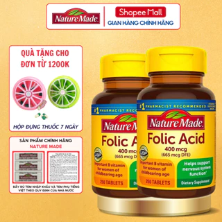 Combo 2 hộp Axit Folic cho bà bầu Nature Made Folic Acid 400mcg giúp phòng chống dị tật thai nhi hộp 250 viên của Mỹ