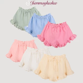 Quần short đùi ngắn vải xô muslin BOXER kẻ sọc nhiều màu TIEMMAYKEOKEO quần short freesize viền bèo lolita phối nơ Q01