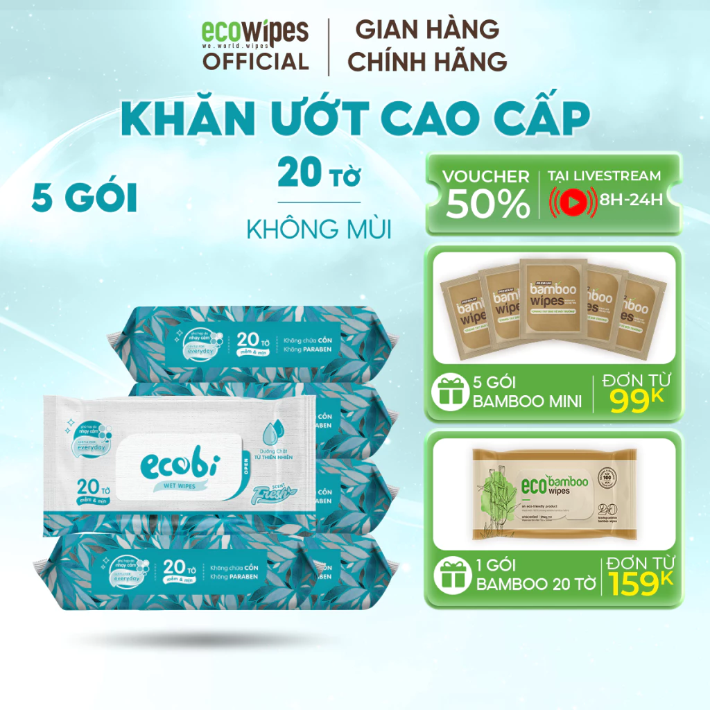 Combo 05 gói khăn ướt Ecobi gói 20 tờ cao cấp không mùi không parabens an toàn cho em bé